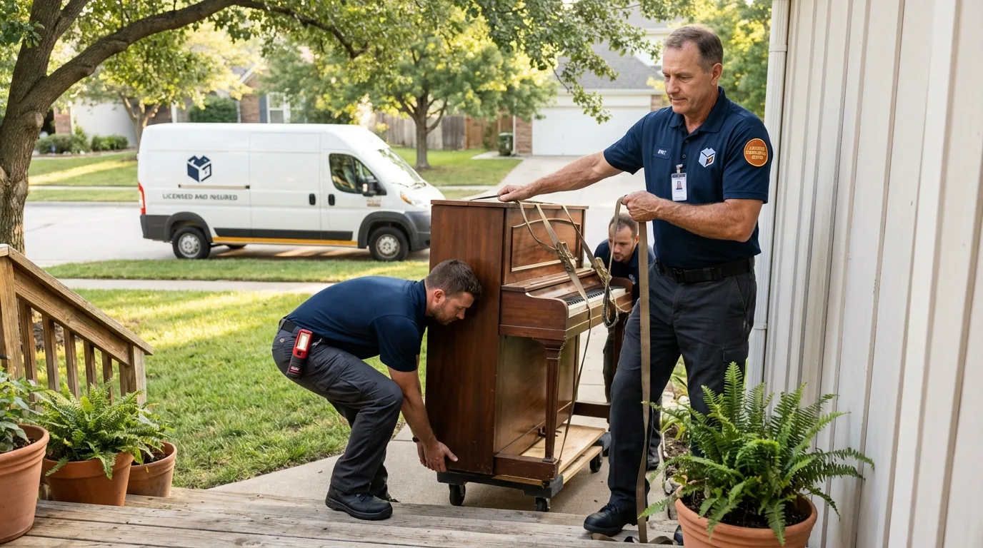Licensed piano movers securing grand piano in Kailua, HI